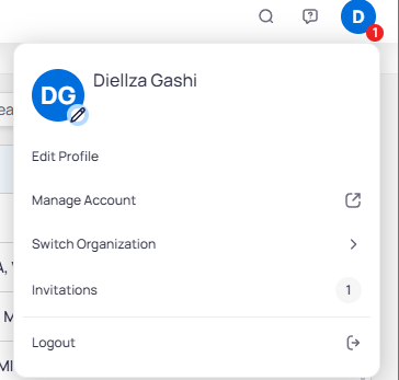 Profile dropdown menu showing user name and email, with options for Edit Profile, Manage Account, Switch Organization, Invitations, and Logout