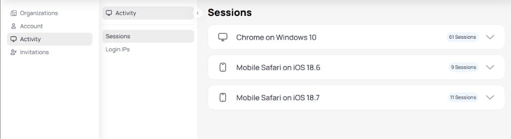 Sessions page showing active sessions grouped by device including Chrome on Windows 10 with 61 sessions and Mobile Safari on iOS with 9 and 11 sessions