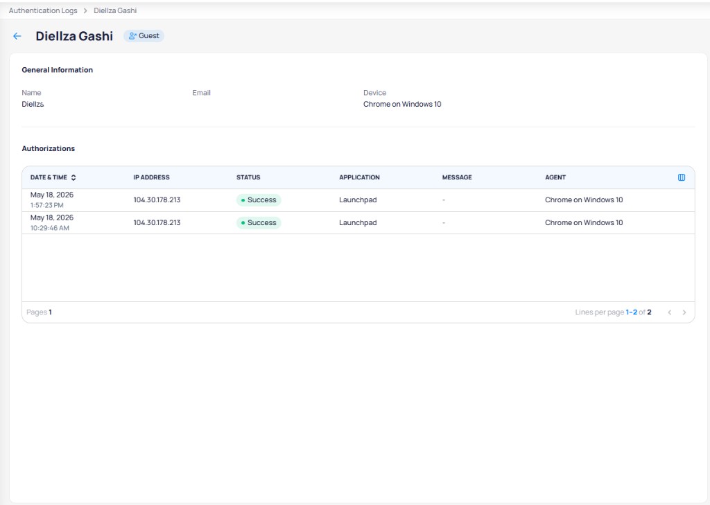 Authentication log detail page showing user general information and an authorizations table with date, IP address, status, application, message, and agent columns