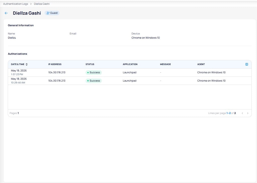 Authentication log detail page showing user general information and an authorizations table with date, IP address, status, application, message, and agent columns