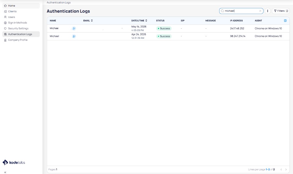 Authentication Logs table showing columns for name, email, date and time, status, IDP, message, IP address, and agent