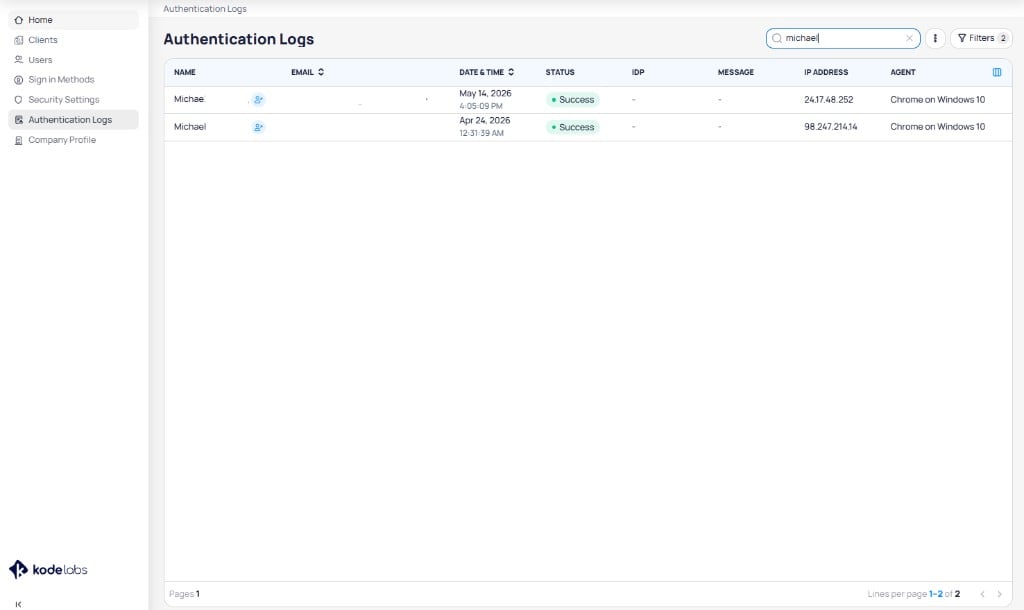 Authentication Logs table showing columns for name, email, date and time, status, IDP, message, IP address, and agent