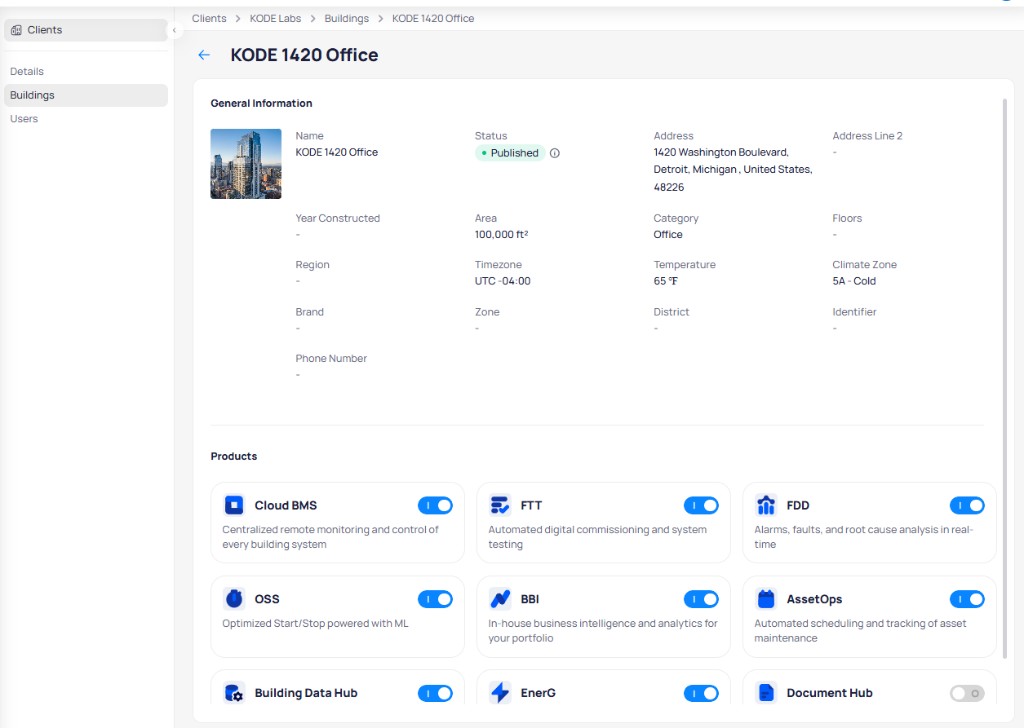 Building dedicated page for KODE 1420 Office showing general information and product cards with on/off toggles for Cloud BMS, FTT, FDD, OSS, BBI, AssetOps, Building Data Hub, EnerG, and Document Hub
