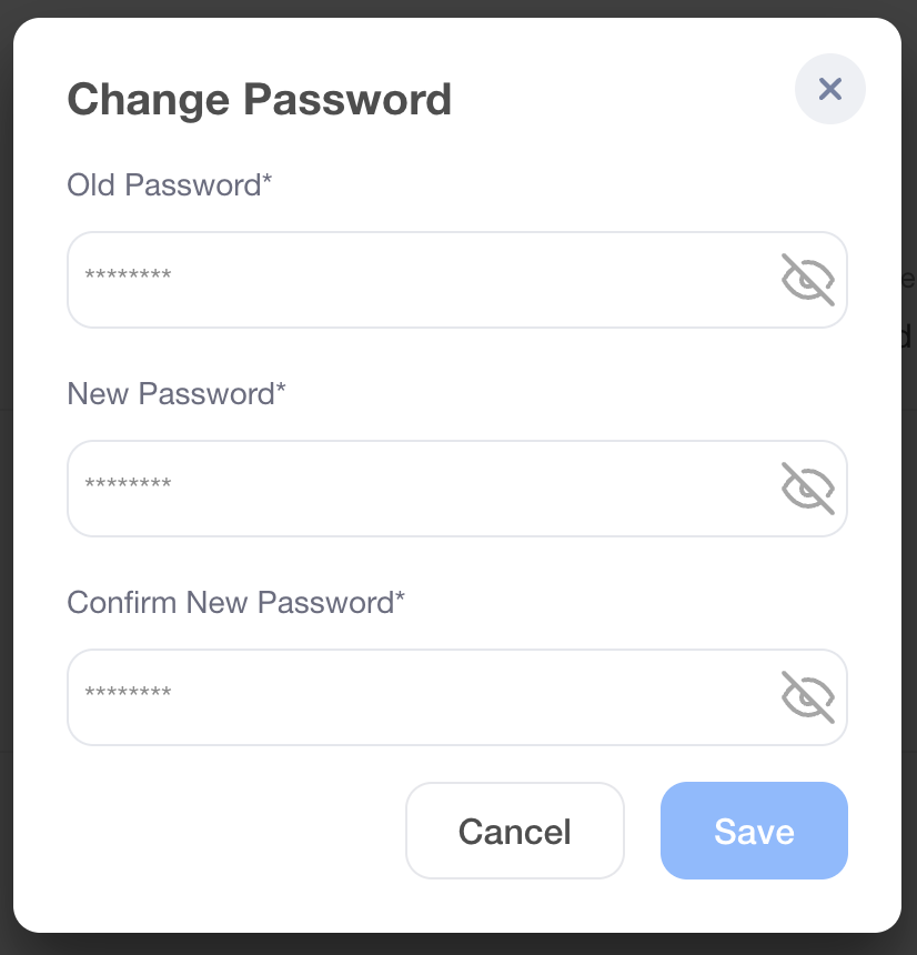 Change Password dialog with Old Password, New Password, and Confirm New Password fields, plus Cancel and Save buttons