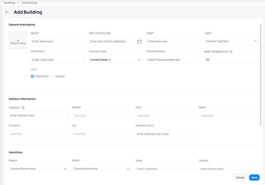 Add Building form with fields for name, year constructed, area, type, floors, phone number, base temperature, unit, address, and identifiers
