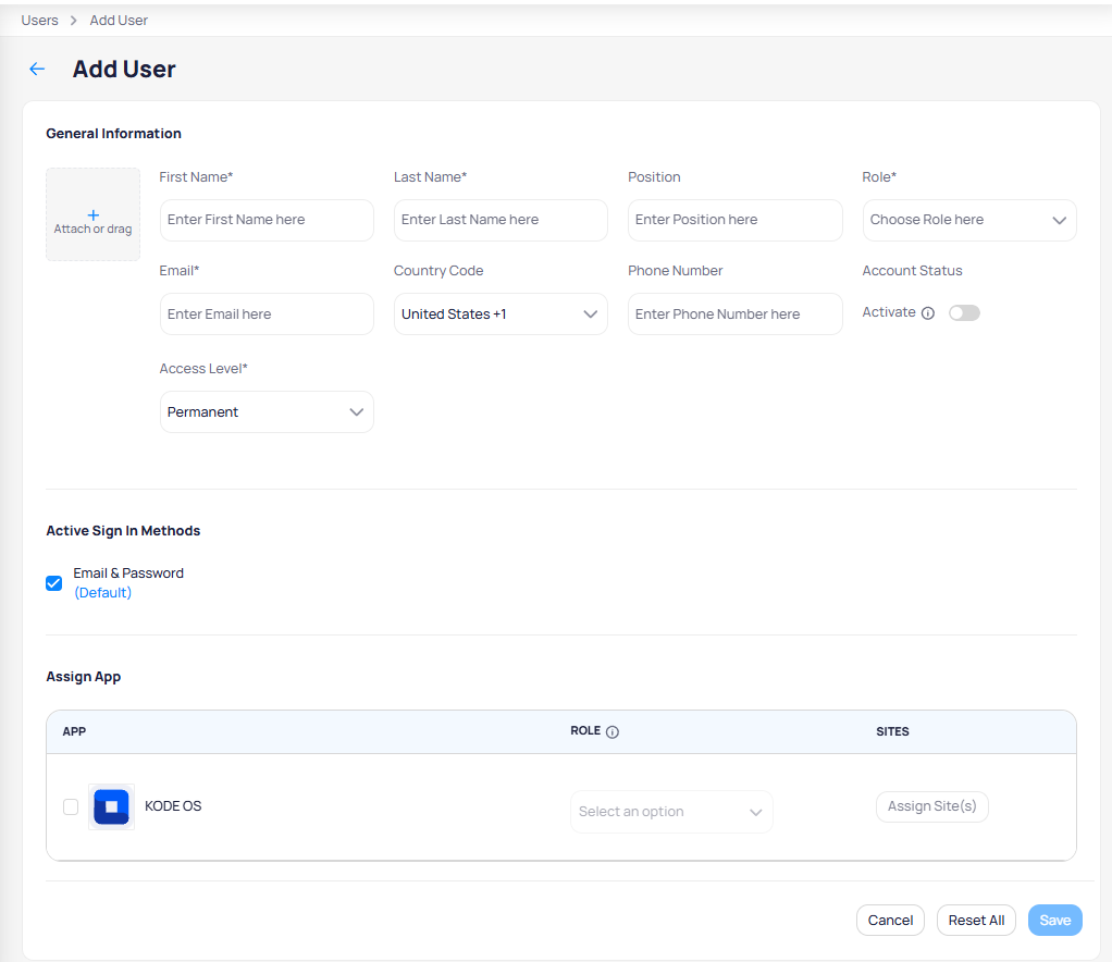 Add User form with fields for first name, last name, position, role, email, country code, phone number, account status toggle, access level, active sign-in methods, and KODE OS app assignment with role and site selection