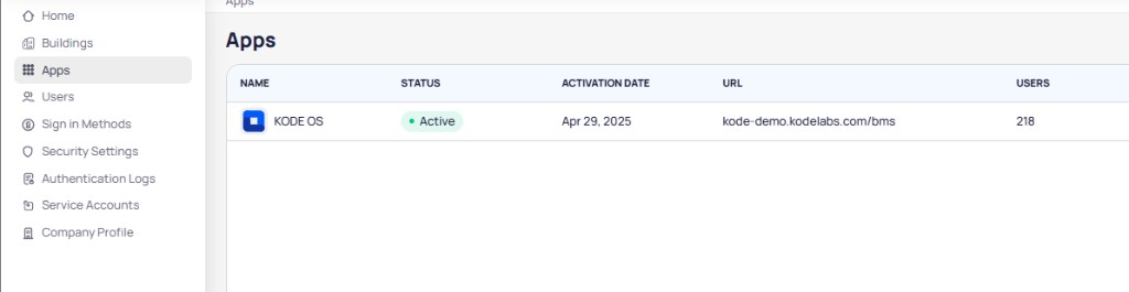 Apps page showing KODE OS listed with Active status, activation date, URL, and number of assigned users