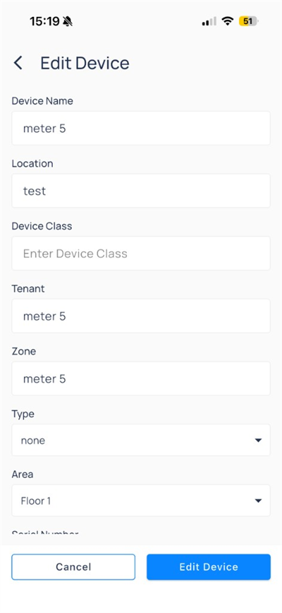 Edit Device form for manual meter with name, location, type, and area fields