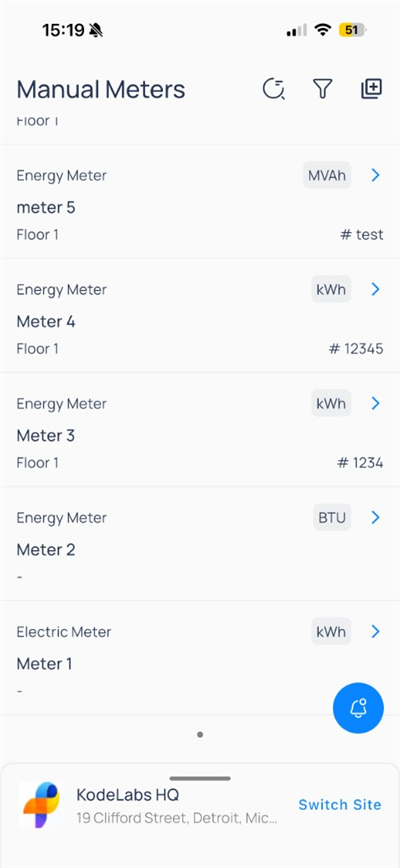 Manual Meters list with energy meters, units such as kWh, and floor location