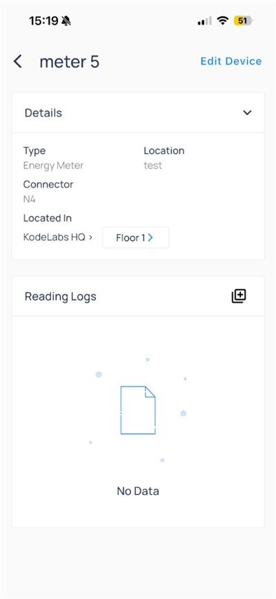 Manual meter detail with type Energy Meter, connector N4, Located In path, and empty Reading Logs