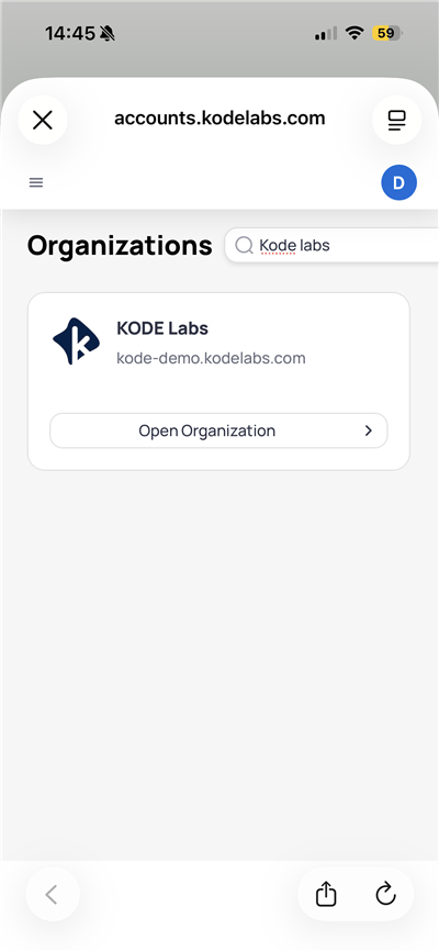 Organizations list with search and Open Organization button