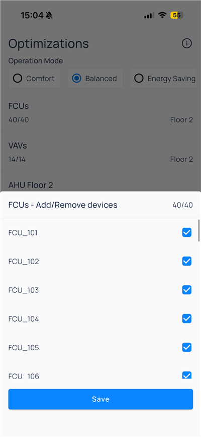FCUs Add Remove devices modal with FCU_101 through FCU_106 checked and Save button