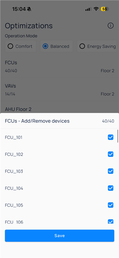 FCUs Add Remove devices modal with FCU_101 through FCU_106 checked and Save button