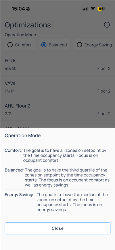 Modal describing Comfort, Balanced, and Energy Savings operation modes