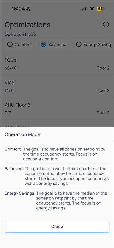 Modal describing Comfort, Balanced, and Energy Savings operation modes