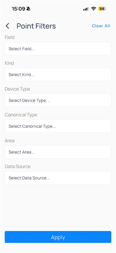 Point Filters with Field, Kind, Device Type, Area, and Data Source dropdowns
