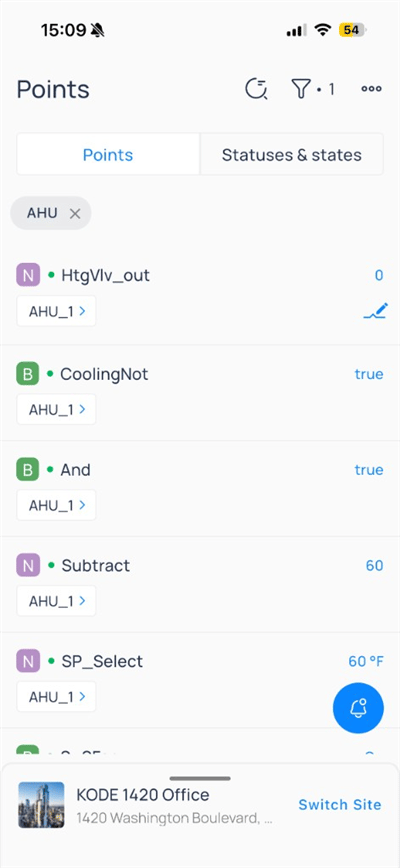 Points list with AHU filter chip showing HtgVlv_out and CoolingNot values