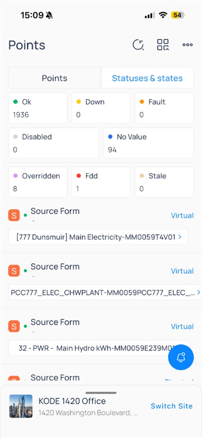 Points screen with Ok, No Value, Overridden, and FDD status counts