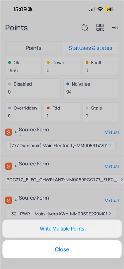Points menu with Write Multiple Points and Close