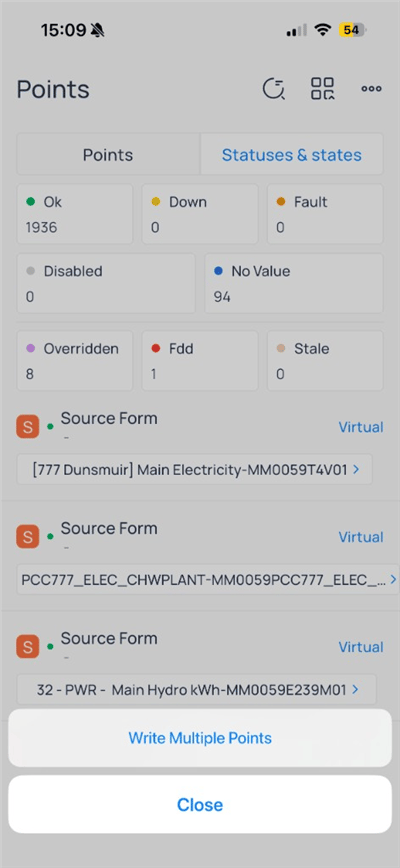 Points menu with Write Multiple Points and Close