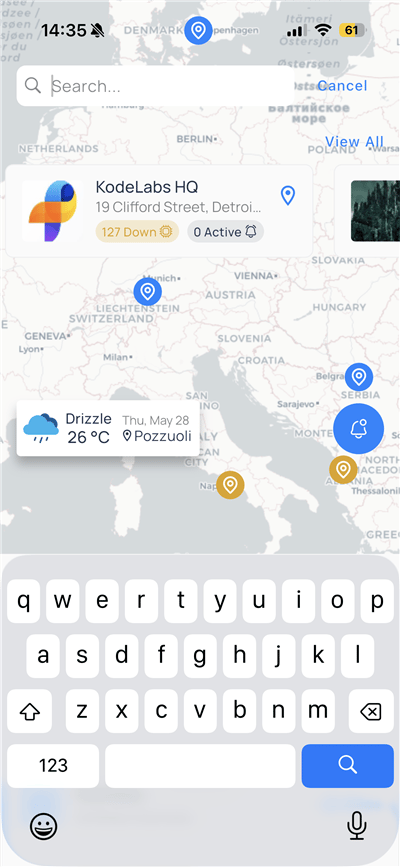 Portfolio map search bar with keyboard and site card visible
