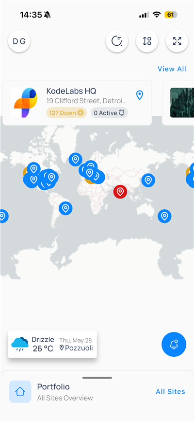 World map with site pins, KodeLabs HQ site card, weather widget, and Portfolio bottom sheet