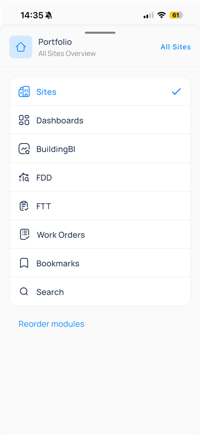 Portfolio sheet listing Sites, Dashboards, Building BI, FDD, FTT, Work Orders, Bookmarks, and Search