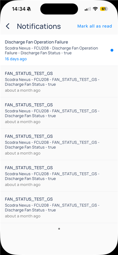 Notifications list with event titles, device paths, and Mark all as read