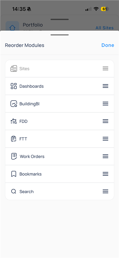 Reorder Modules screen with drag handles for Sites, Dashboards, Building BI, and other apps