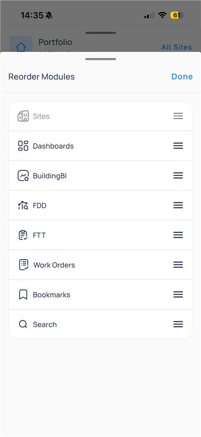Reorder Modules screen with drag handles for Sites, Dashboards, Building BI, and other apps