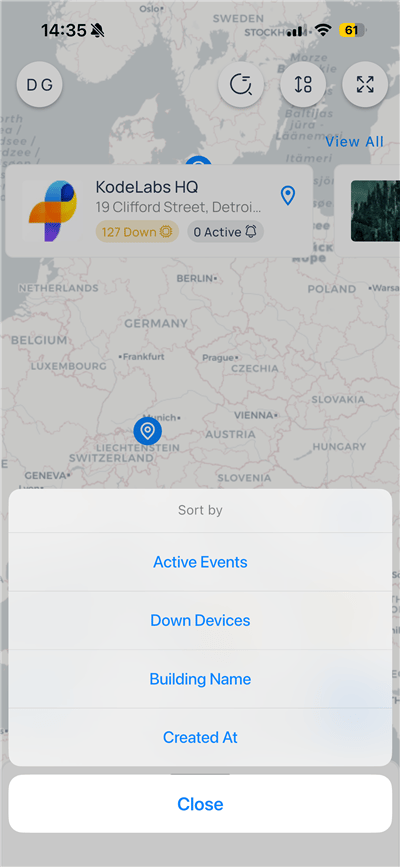 Sort by menu with Active Events, Down Devices, Building Name, and Created At