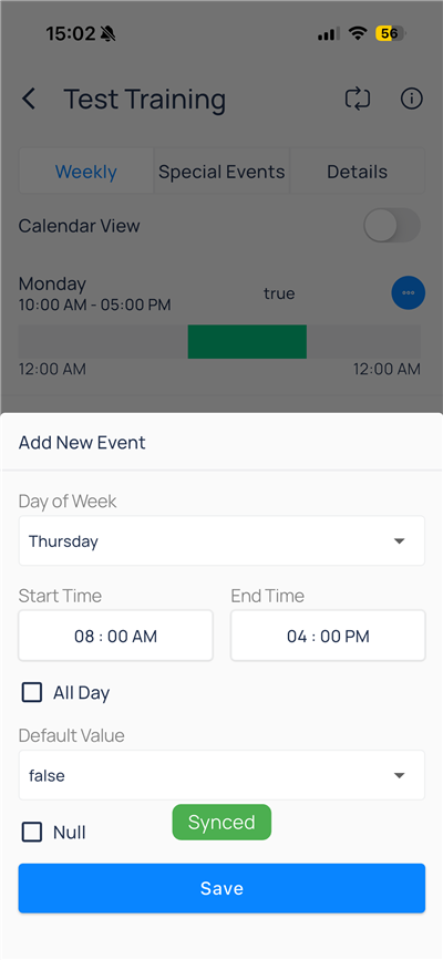 Add New Event modal with day, times, default value, and Synced badge