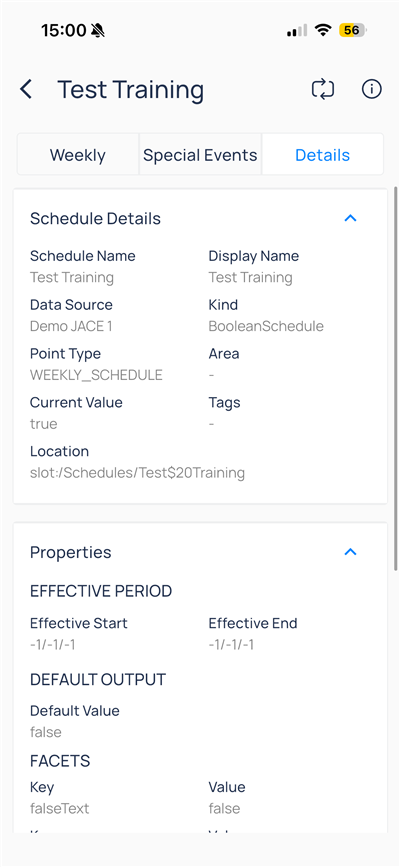 Details tab with schedule name, data source, kind, and location path