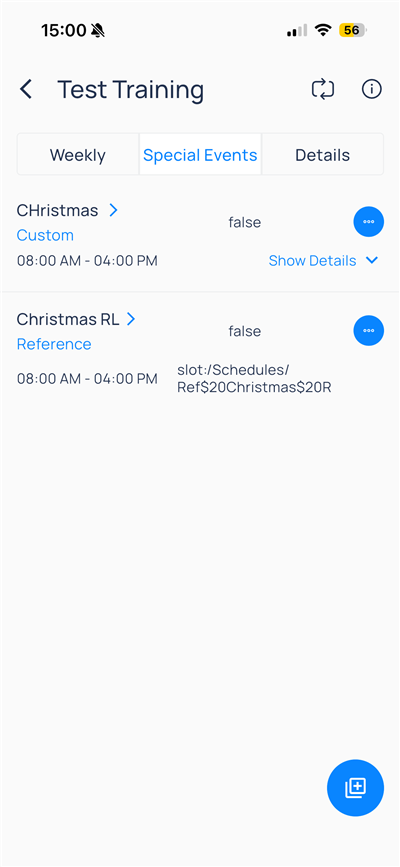 Special Events tab with Custom and Reference Christmas events