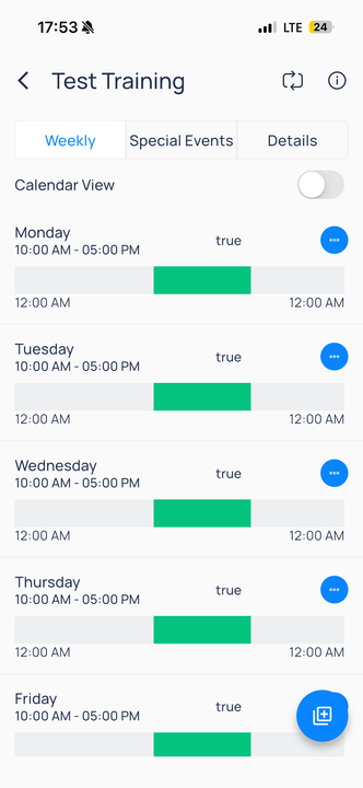 Test Training weekly schedule editor showing Back, Sync, and Info header actions with Monday through Friday timeline bars