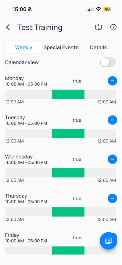 Weekly tab with Monday through Friday 10 AM to 5 PM timeline bars
