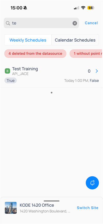 Schedules list with Weekly Schedules tab and Test Training row