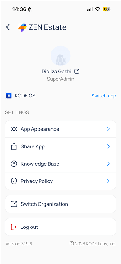 Profile screen with user name, role, KODE OS context, and Settings list