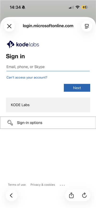 Microsoft online sign-in page for KODE Labs with email field and Next button