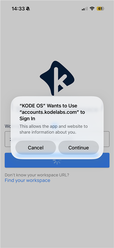 iOS dialog asking to allow KODE OS to use accounts.kodelabs.com to sign in