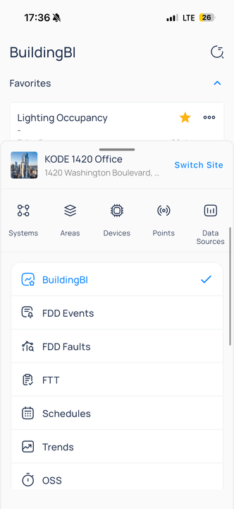 Site module launcher with Systems, Areas, Devices, Points, and Data Sources icons and a list of Building BI, FDD Events, FDD Faults, FTT, Schedules, Trends, and OSS modules