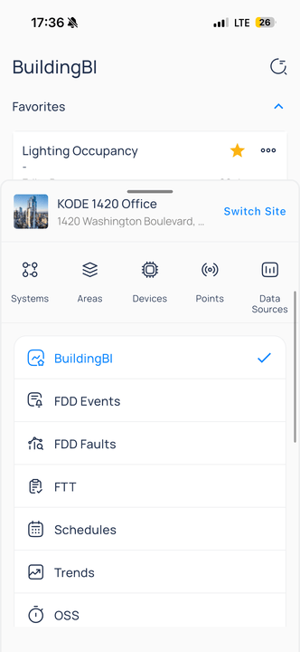 Site module launcher with Systems, Areas, Devices, Points, and Data Sources icons and a list of Building BI, FDD Events, FDD Faults, FTT, Schedules, Trends, and OSS modules