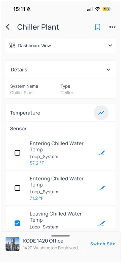 Chiller Plant dashboard with Entering and Leaving Chilled Water Temp sensors