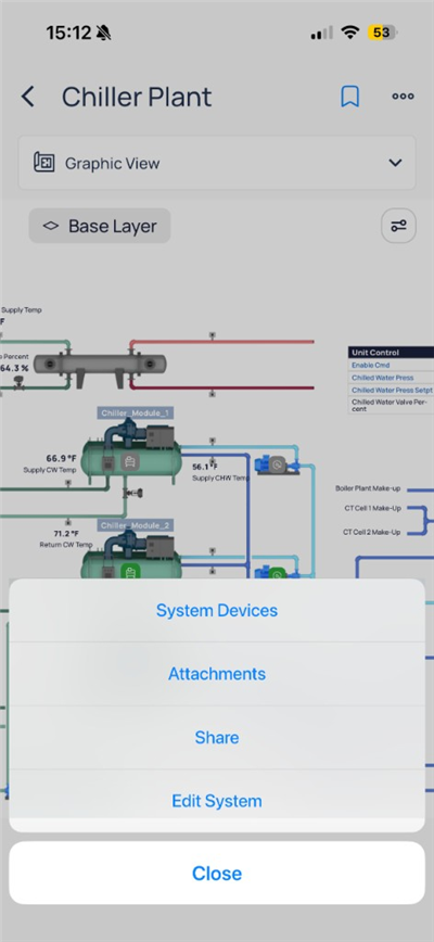 Chiller Plant menu with System Devices, Attachments, Share, and Edit System