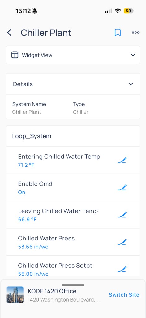 Chiller Plant widget view with loop system entering temp, enable command, and pressures