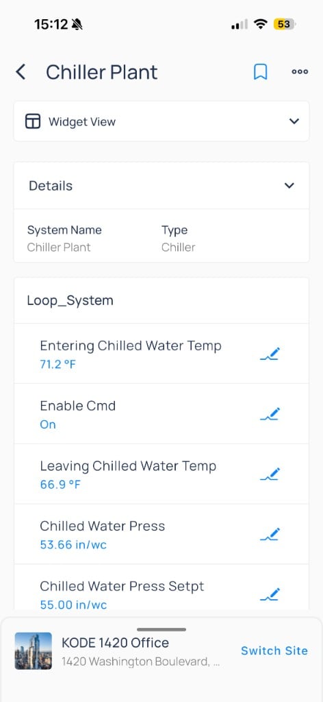 Chiller Plant widget view with loop system entering temp, enable command, and pressures