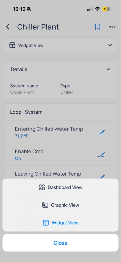 Chiller Plant Widget view with view mode action sheet showing Dashboard View, Graphic View, and Widget View options