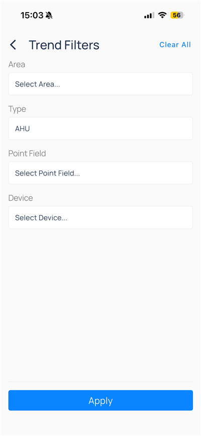 Trend Filters with Area, Type AHU, Point Field, and Device fields