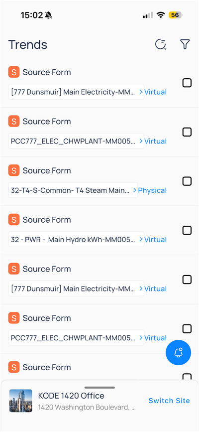 Trends point list with device names below each point and virtual or original origin labels