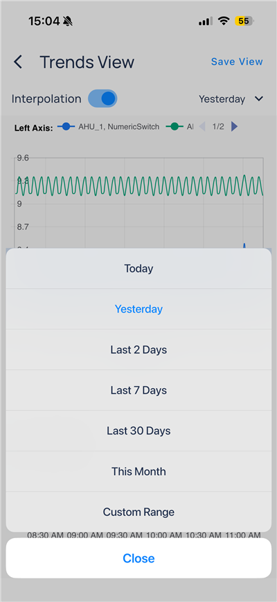 Time range menu with Today, Yesterday, Last 7 Days, and Custom Range